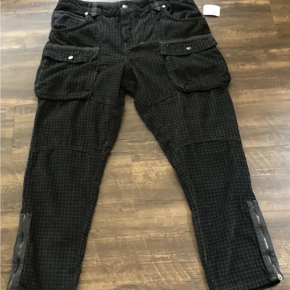 Free People London Calling Slouchy Cord Jeans Plaid Print Black ZipperHemPockets - Picture 2 of 6